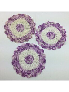 Handmade Crochet Doilies Set Of 3 Purple White Round Kitchen Table Decoration 8"
